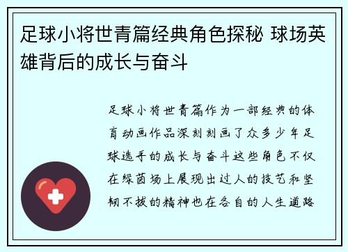 足球小将世青篇经典角色探秘 球场英雄背后的成长与奋斗
